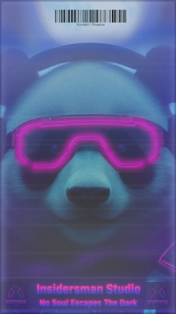 Portrait cyberpunk de Kuroshi, silhouette plongée dans un brouillard violet, symbole de l’esprit du chaos numérique.