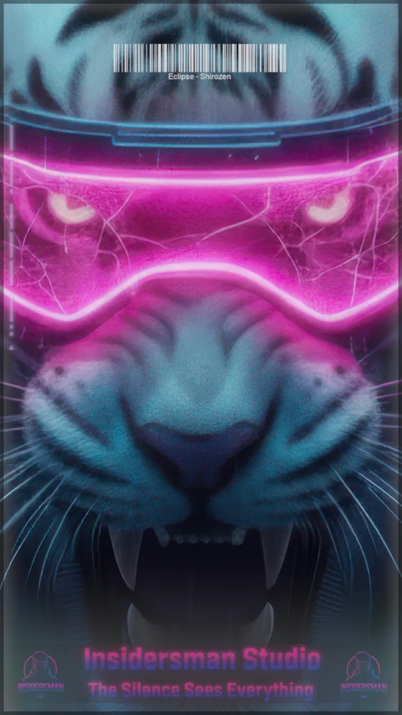 Portrait cyberpunk de Shirozen, tigre aux yeux néon roses, symbole de la conscience du code.