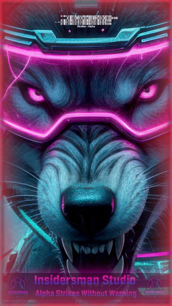 Portrait cyberpunk de Skollan, loup aux reflets électriques, gardien de la mémoire numérique.